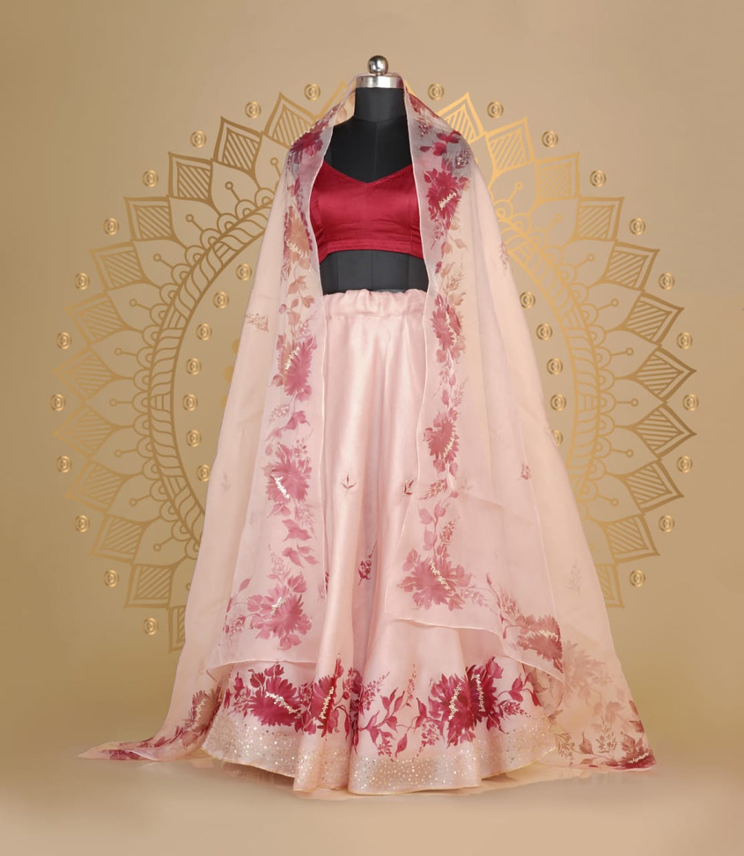 Handpainted peach organza Silk Lehanga