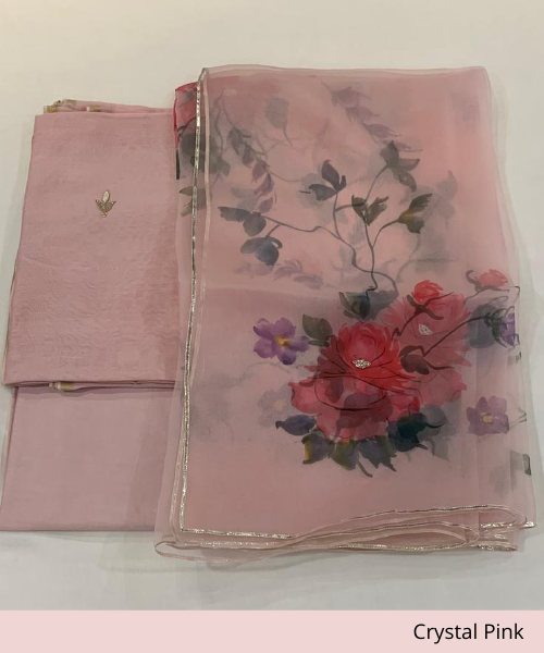 Handpainted Pink chanderi shirt piece and lycra pants
