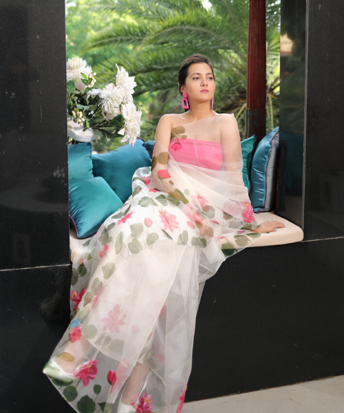 Lotus Handpainted Organza Silk Saree
