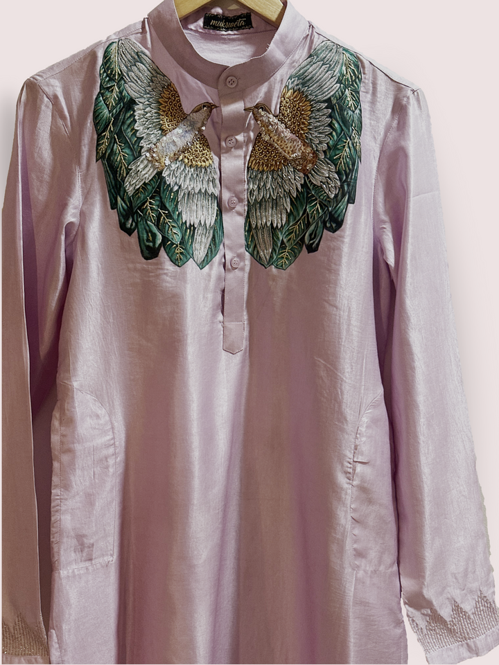 Handpainted and Handembriodred Silk Kurta and Pants