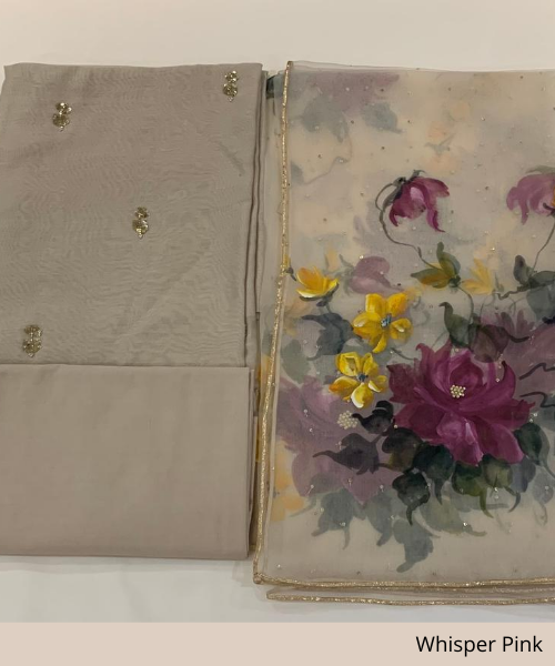 Handpainted Beige chanderi shirt piece and lycra pants