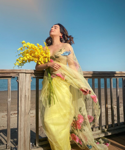 Yellow Handpainted Organza Silk Saree