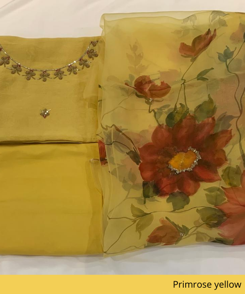 Handpainted yellow chanderi shirt piece and lycra pants
