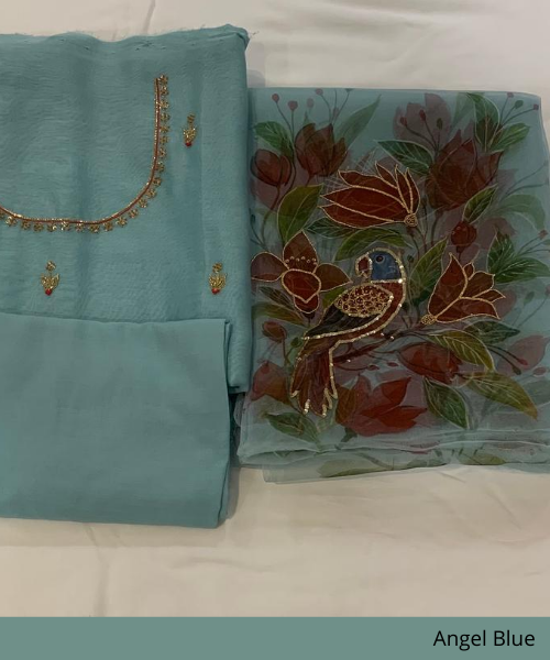 Handpainted Angel Blue chanderi shirt piece and lycra pants