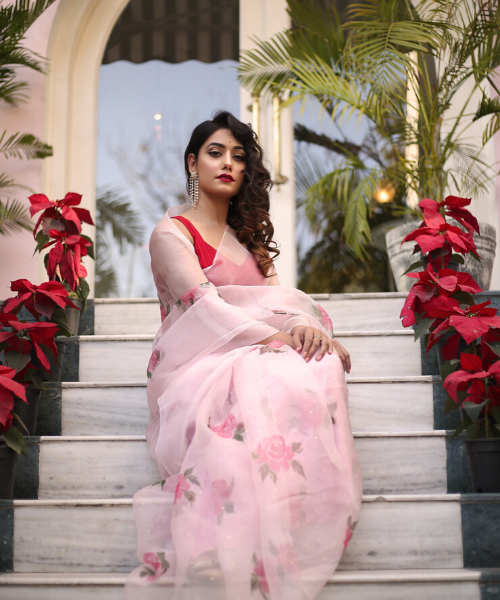 Pink Handpainted Organza Silk Saree