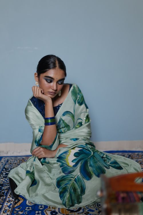Silk Handpainted Saree Hand Embroidered with Sequins and beads Work