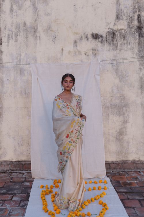 Handpainted Beige Moonga Silk Handpainted Saree
