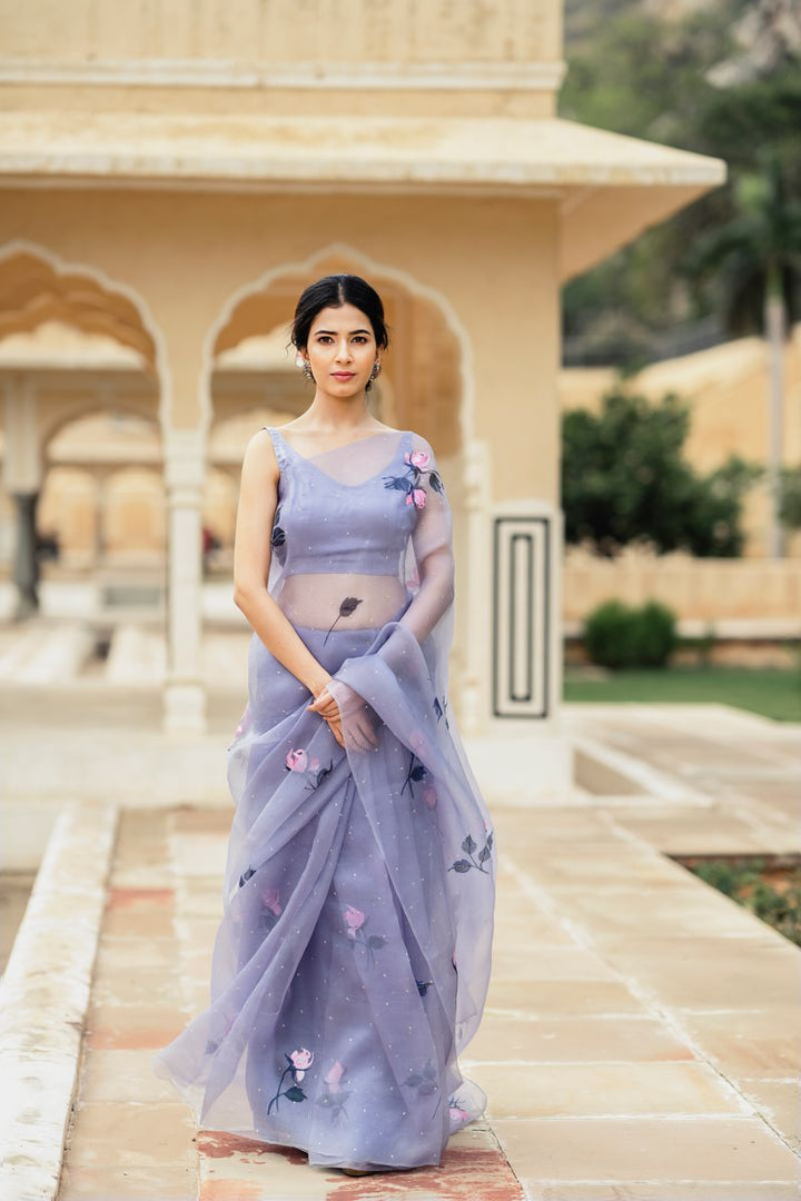 Lavender Handpainted Organza Silk Satin Saree