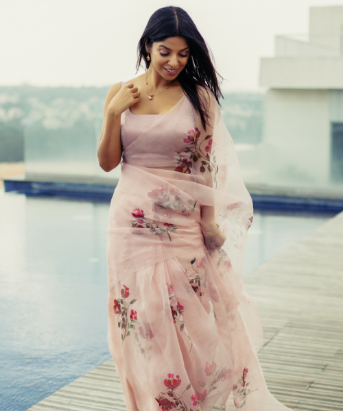 Powder Pink Handpainted Organza Silk Saree