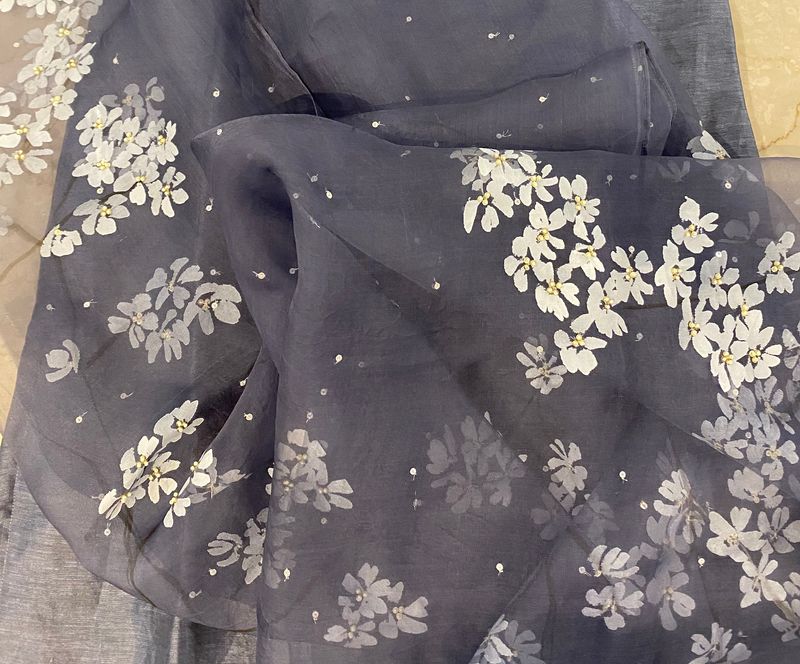 Handpainted Grey organza silk dupatta