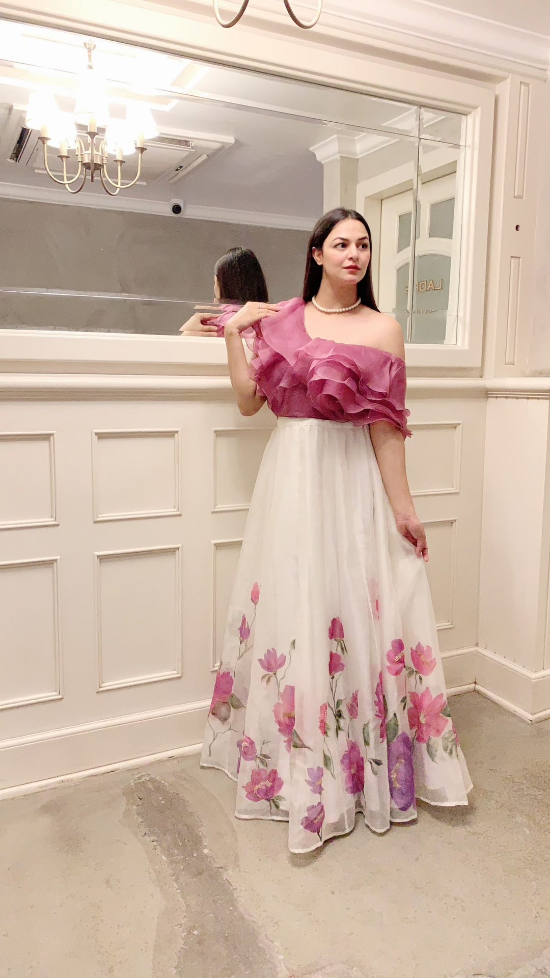 Handpainted Pink skirt with ruffle crop top