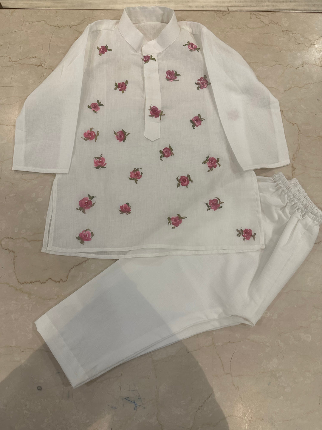Handpainted Floral White Kurta Pajama Set