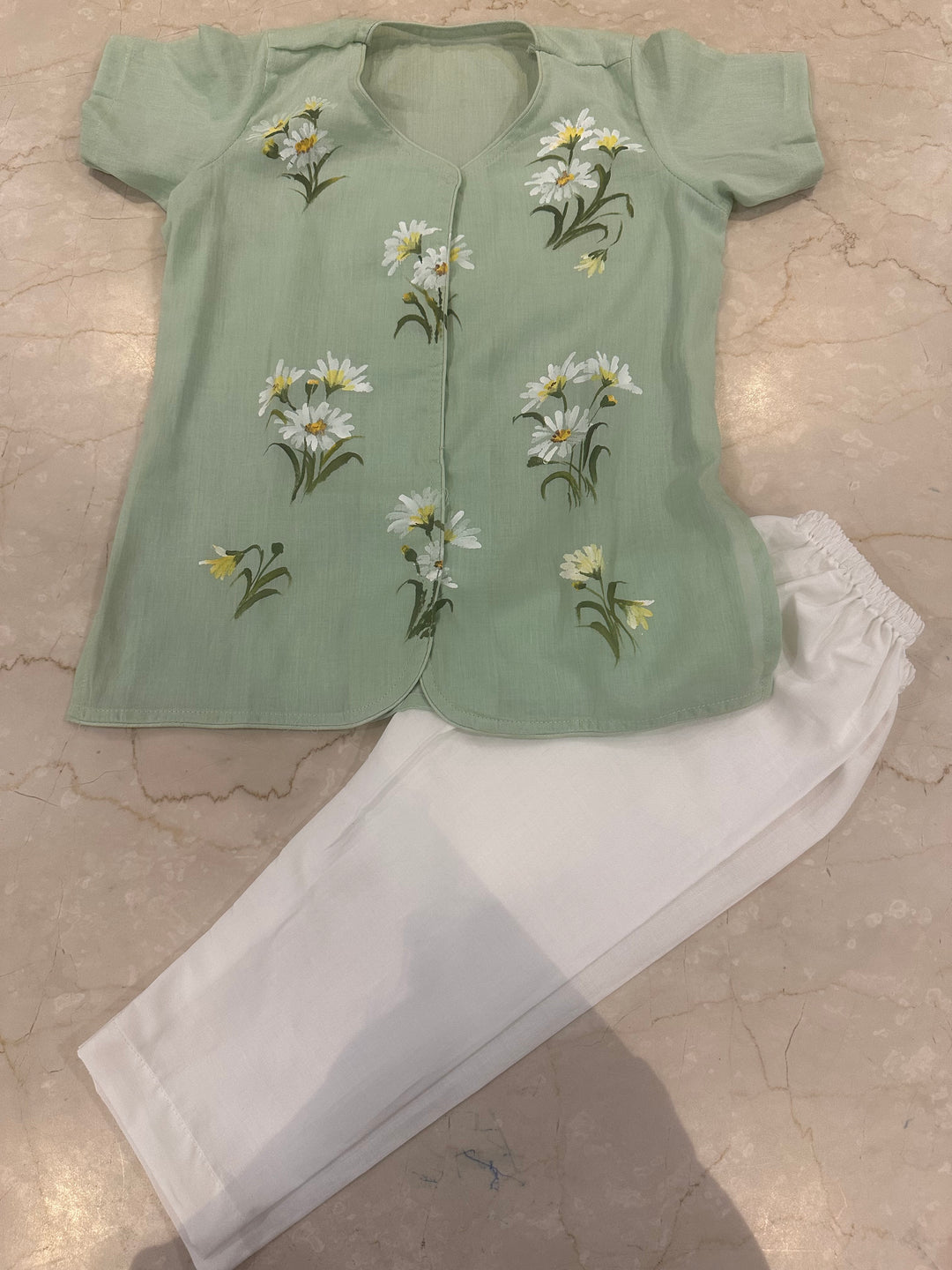 Handpainted Green Floral Kurta Pajama Set