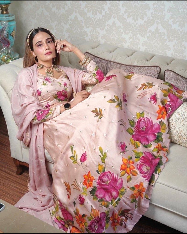 Handpainted Green Satin Lehanga