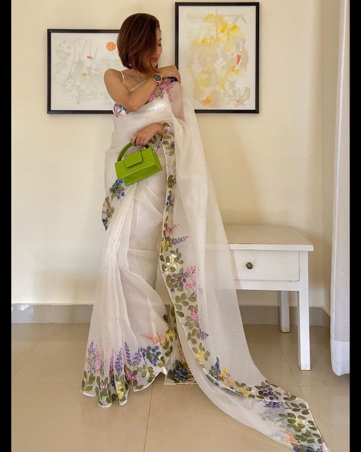 Handpainted White Organza Silk Saree