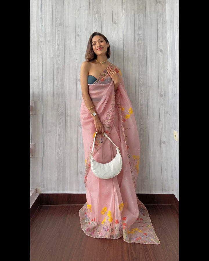 Handpainted Pink Organza Silk Saree