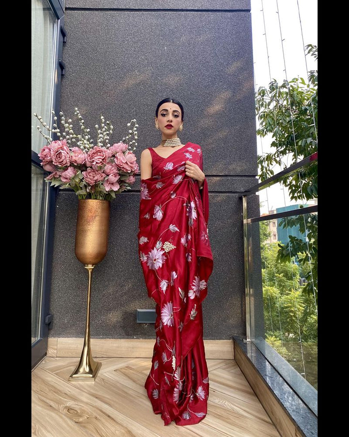 Handpainted Dark Red Silk Satin Saree