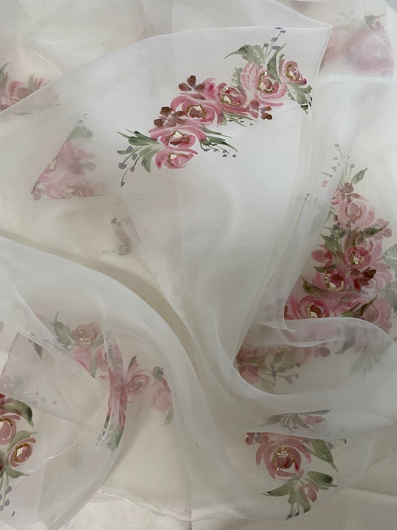 Handpainted Off White organza silk dupatta