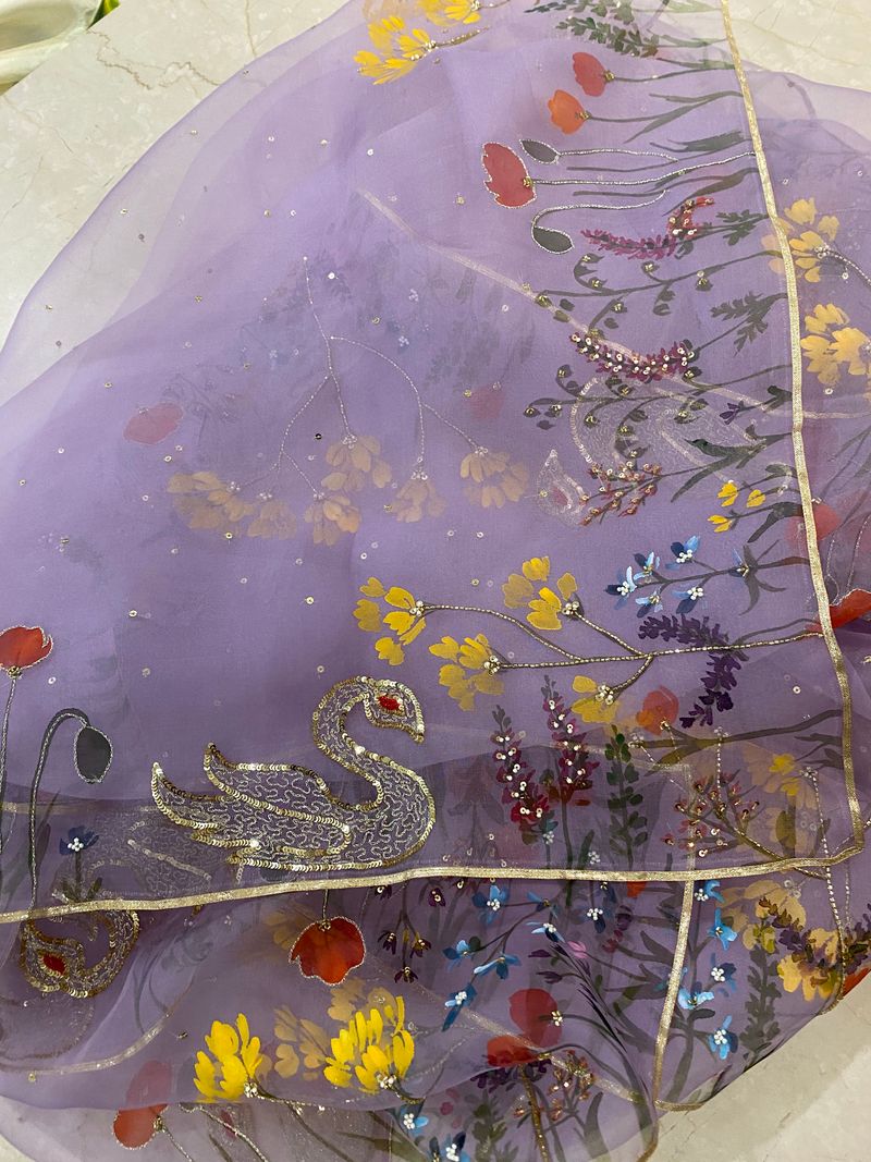 Handpainted Purple organza silk dupatta