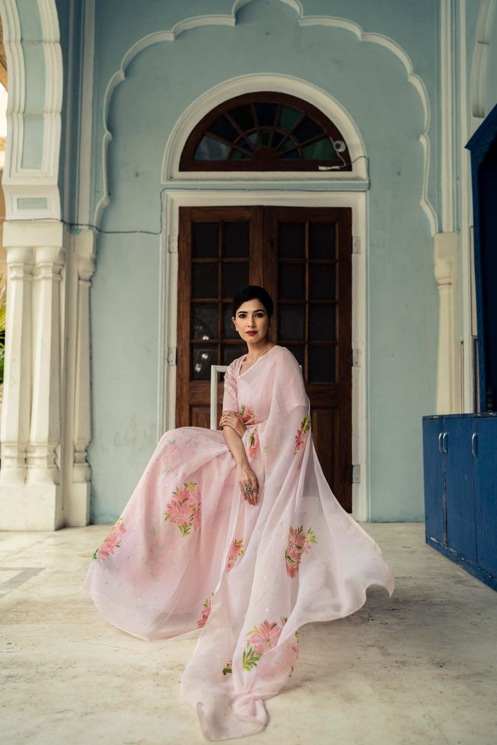 Pink Handpainted Chiffon Saree