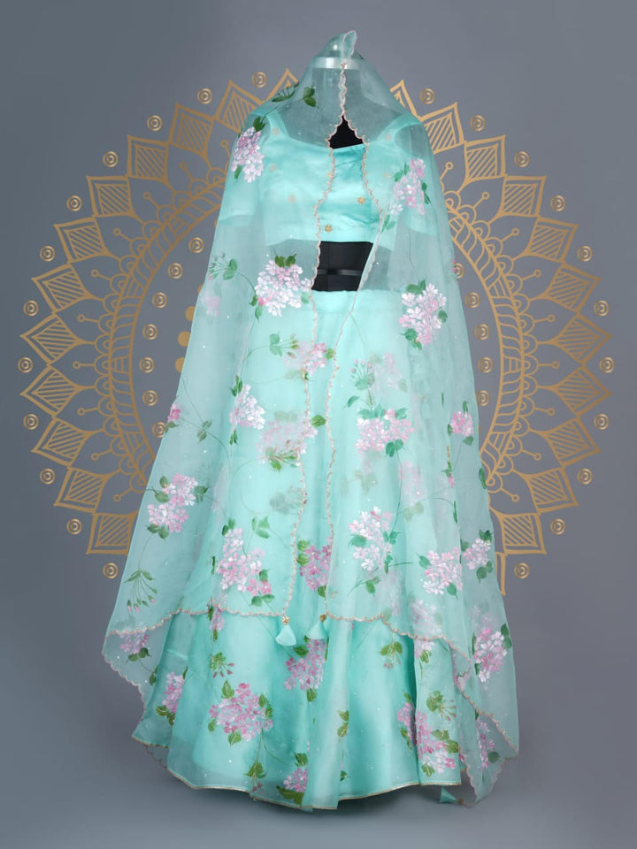 Handpainted Sky Blue Organza Silk Lehanga