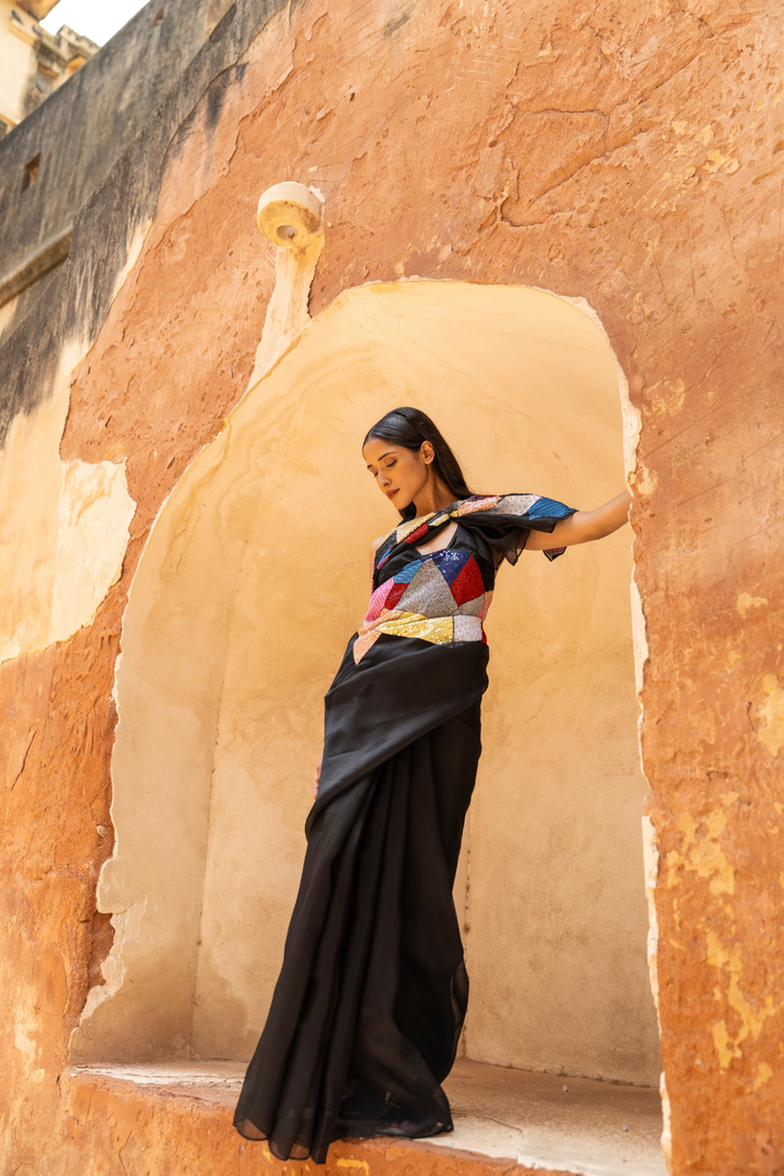 Black Abstract Handpainted and hand embroidered organza silk saree