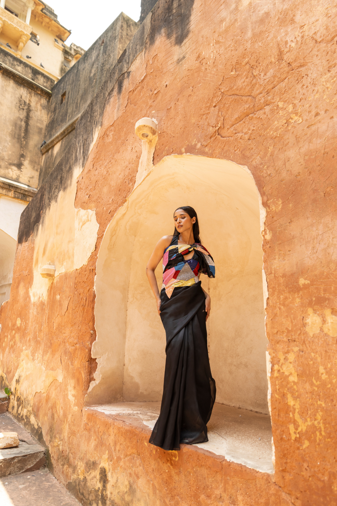 Black Abstract Handpainted and hand embroidered organza silk saree