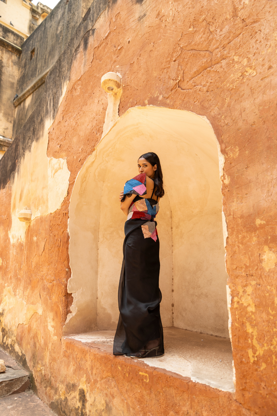 Black Abstract Handpainted and hand embroidered organza silk saree