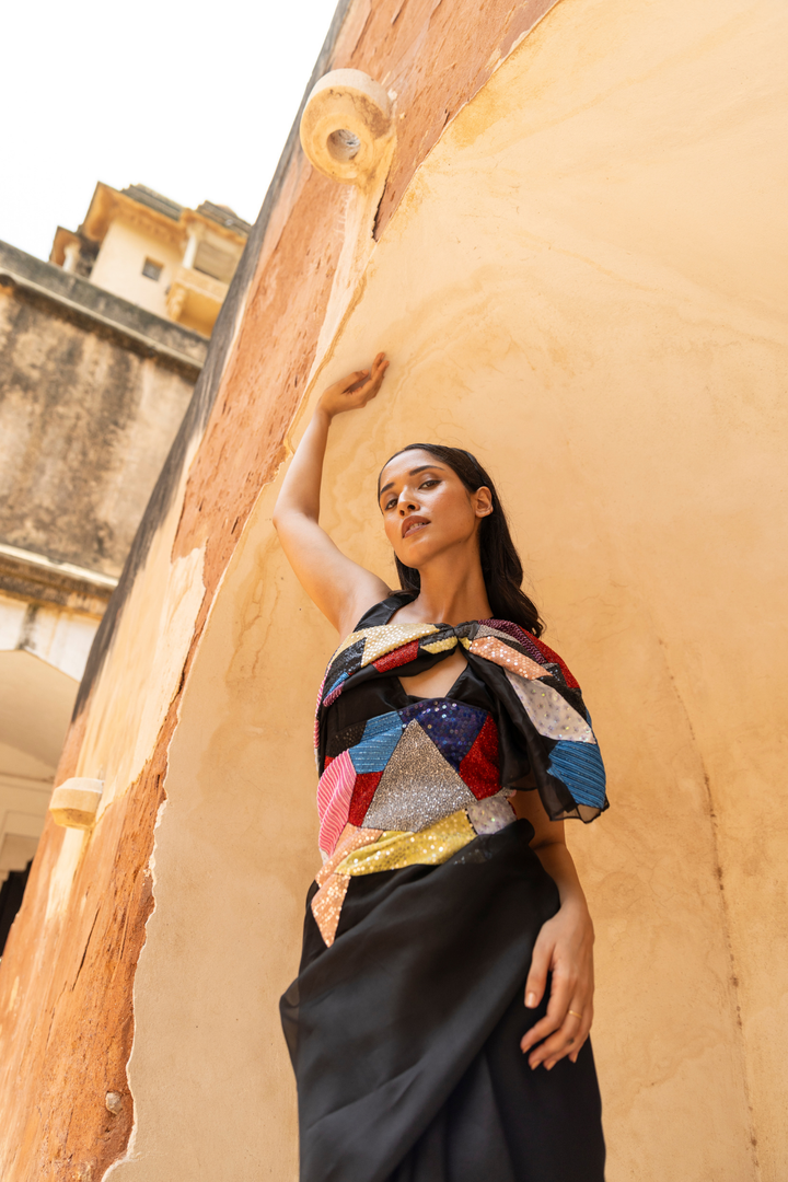 Black Abstract Handpainted and hand embroidered organza silk saree