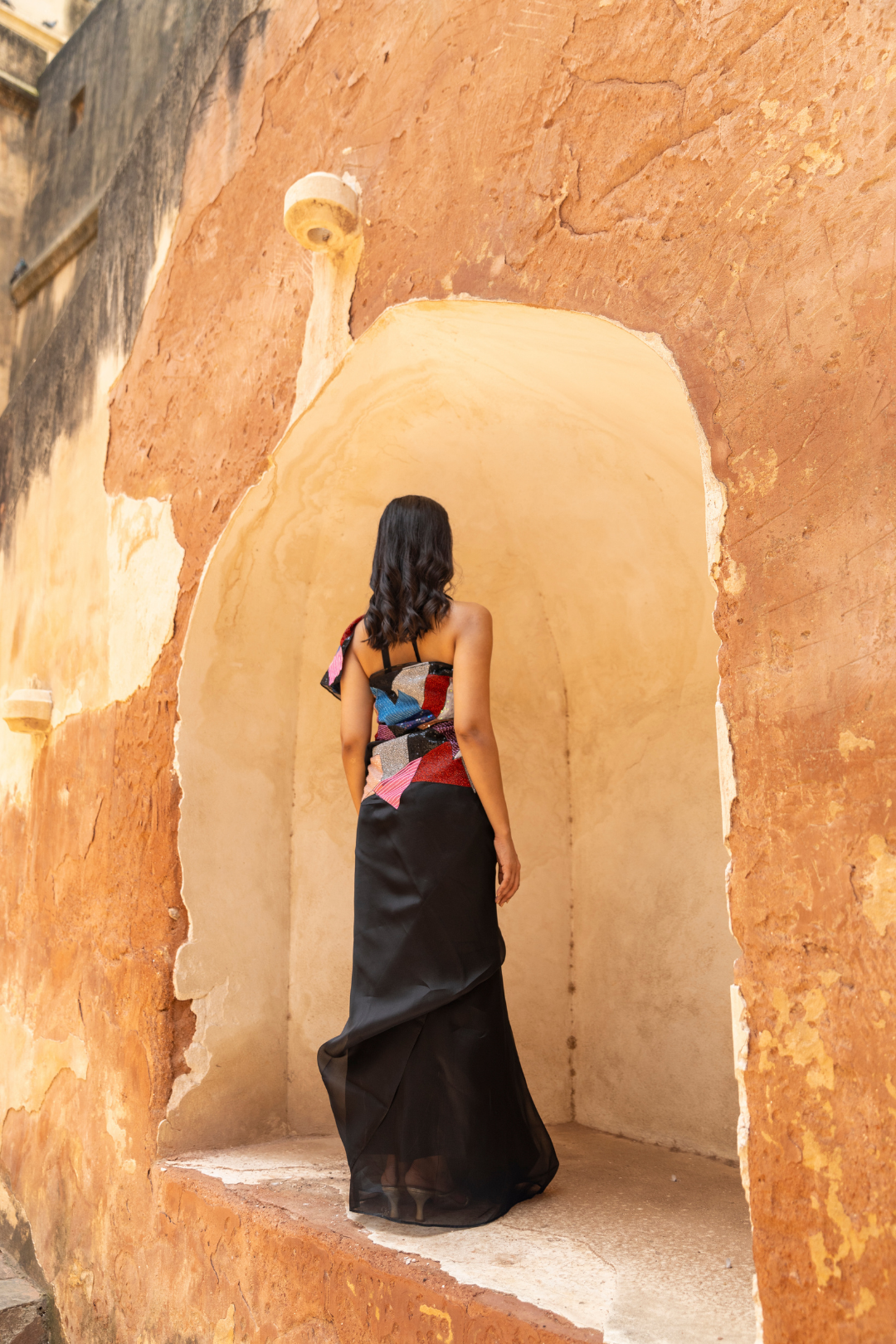 Black Abstract Handpainted and hand embroidered organza silk saree