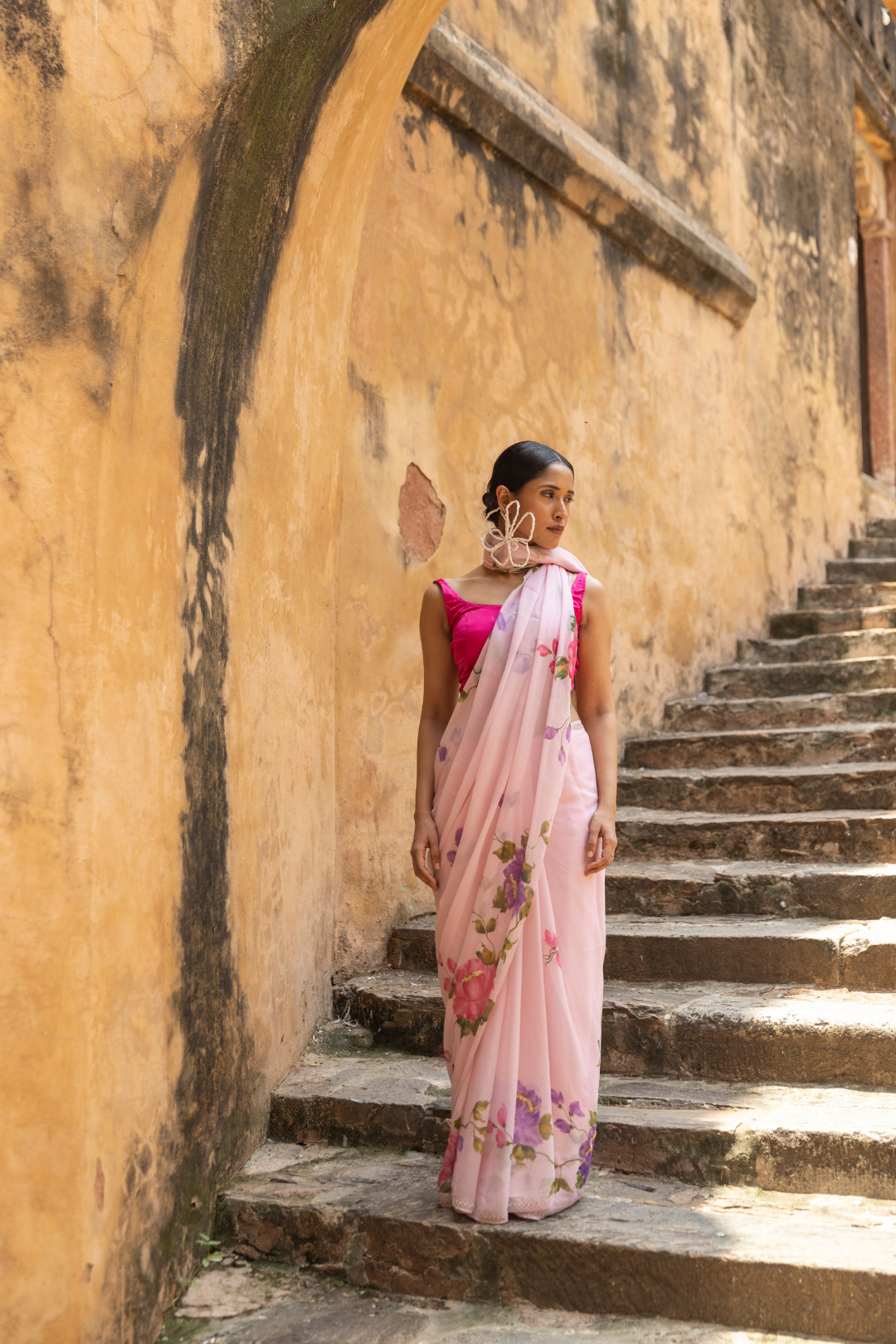 handpainted pure chiffon saree handembriodred with pearl and beads work