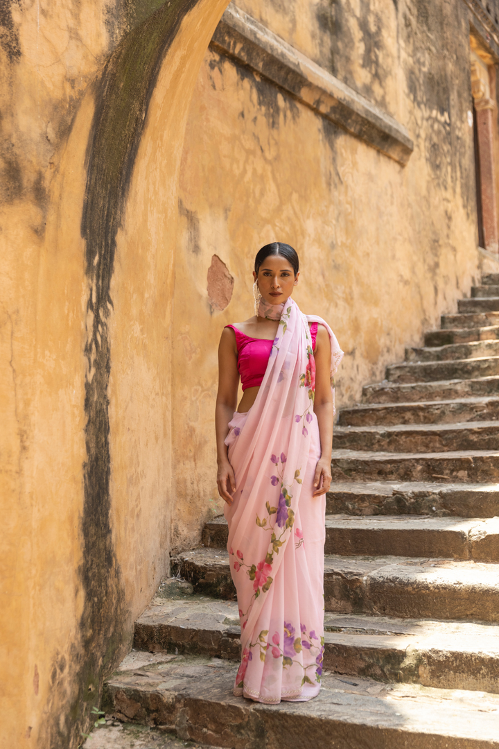 handpainted pure chiffon saree handembriodred with pearl and beads work