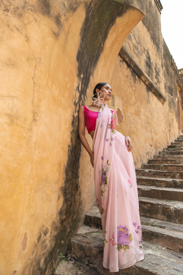 handpainted pure chiffon saree handembriodred with pearl and beads work