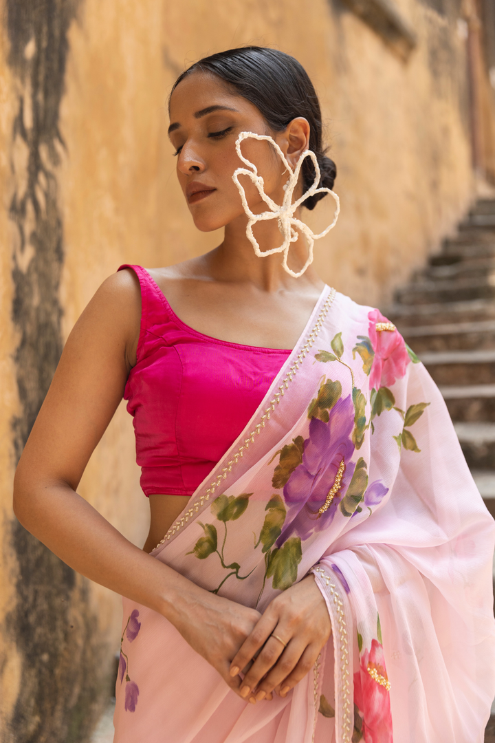 handpainted pure chiffon saree handembriodred with pearl and beads work