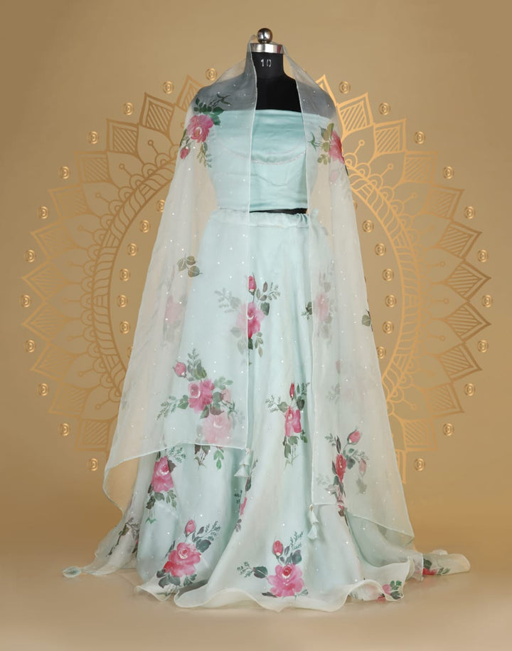 Mint Handpainted Organza Silk Lehanga