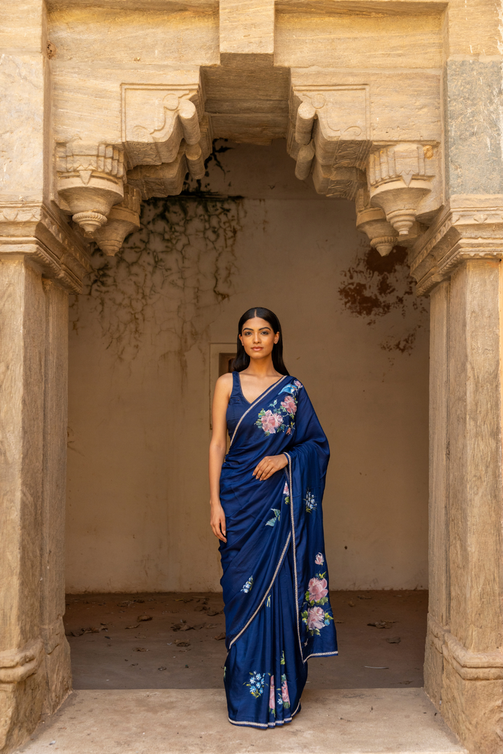 Handpainted Pure Silk Hand Embroidered saree With Sequins Pearl & Beads Work