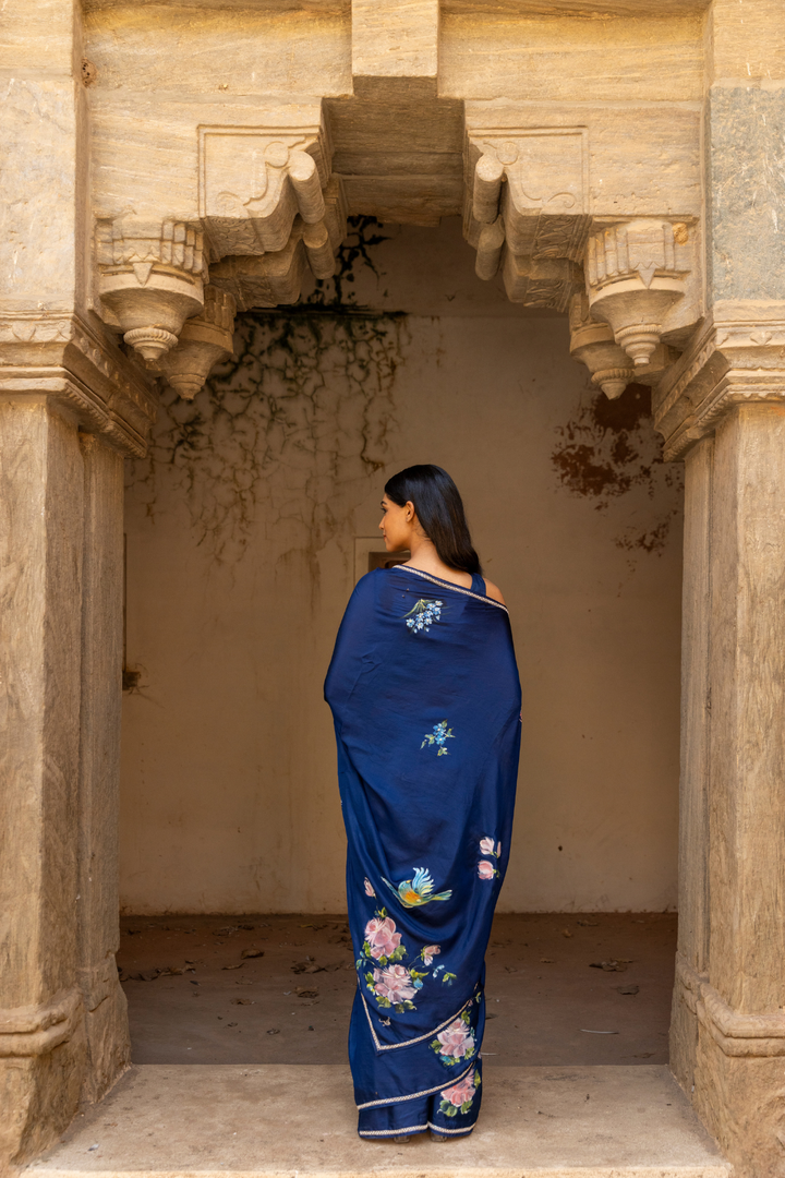 Handpainted Pure Silk Hand Embroidered saree With Sequins Pearl & Beads Work