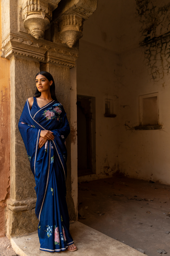 Handpainted Pure Silk Hand Embroidered saree With Sequins Pearl & Beads Work