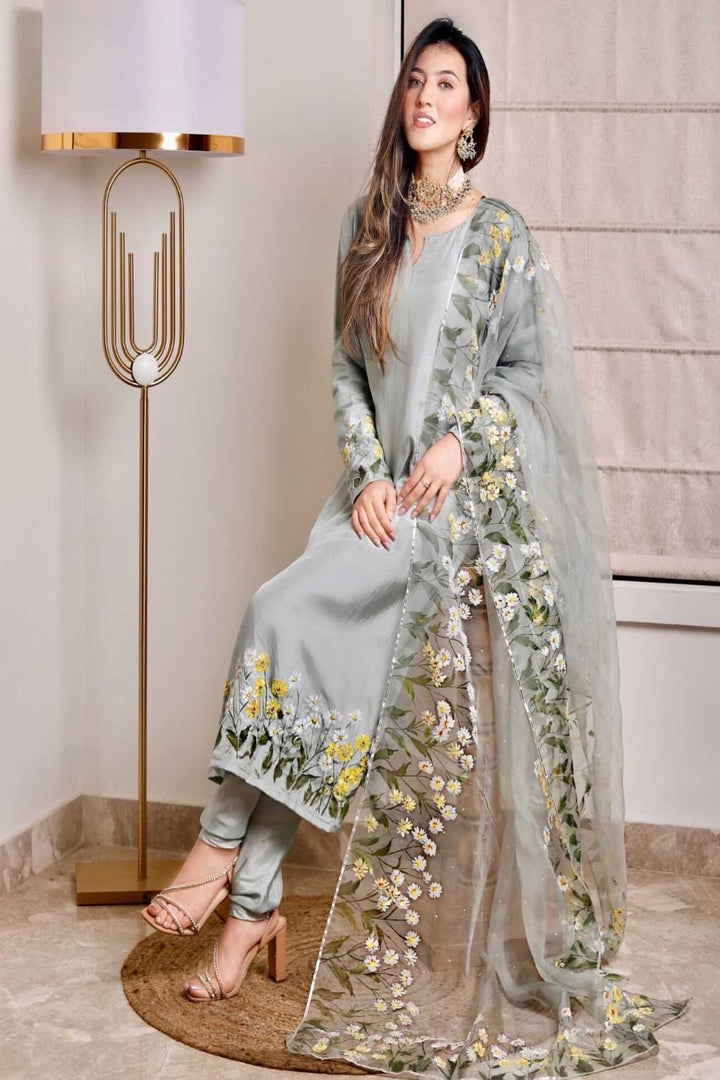 Handpainted Grey stitched silk kurta & pants/churidar