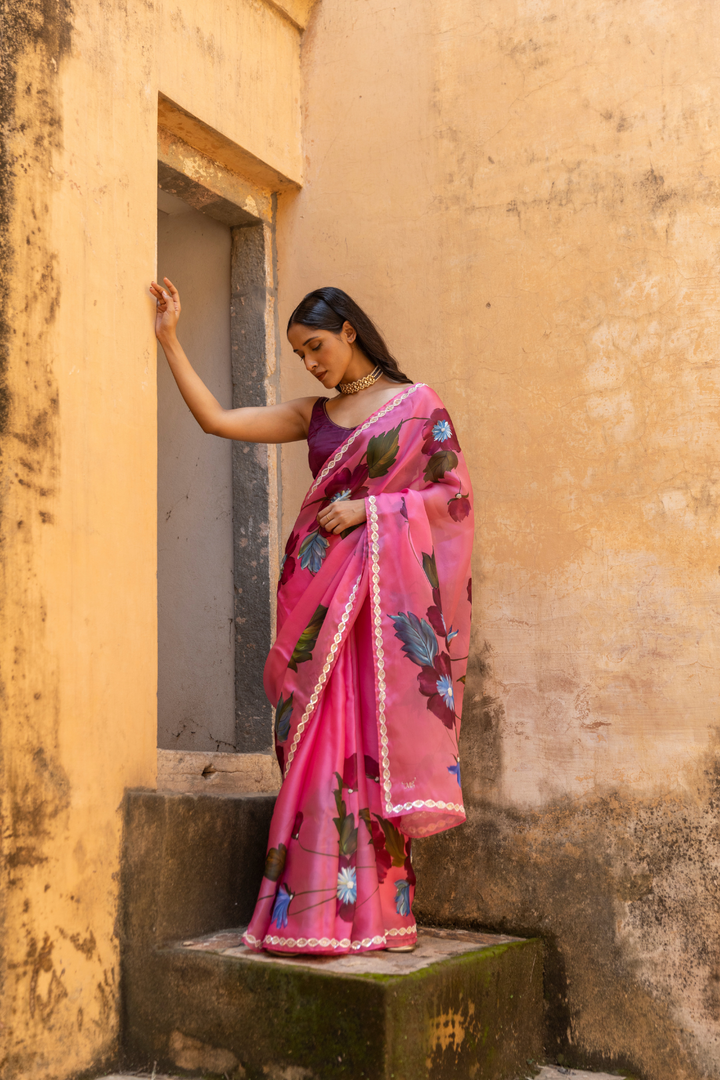 Handpainted Pure Organza Satin Saree Hand Embroidered With Pearl , Beads & Sequins Work