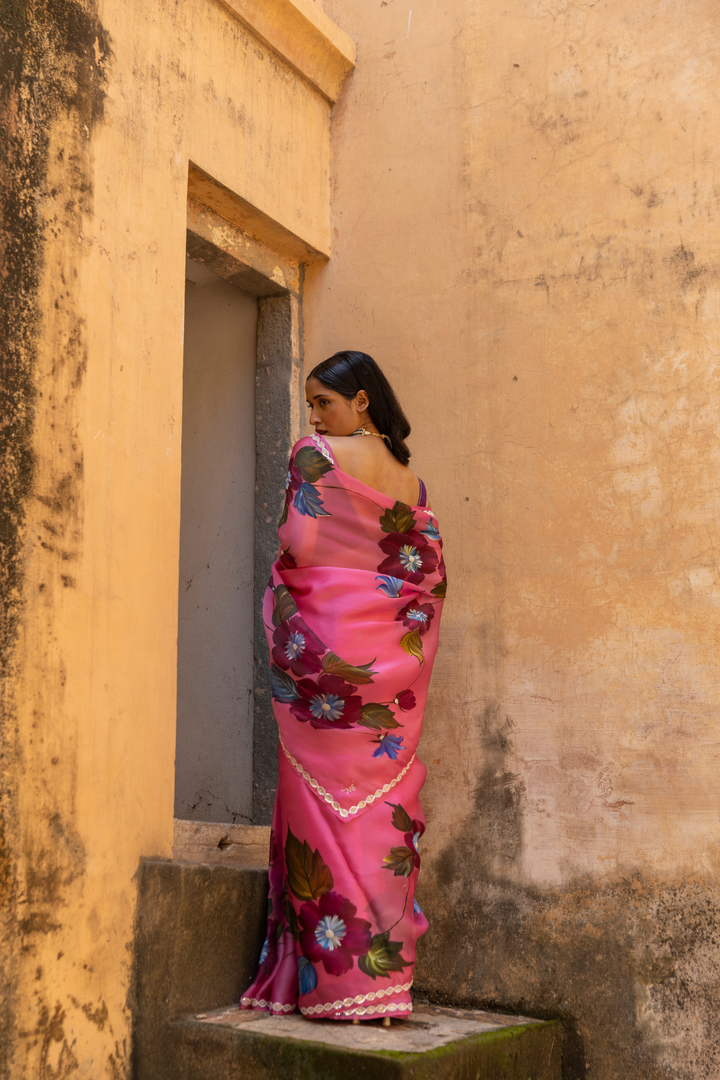 Handpainted Pure Organza Satin Saree Hand Embroidered With Pearl , Beads & Sequins Work