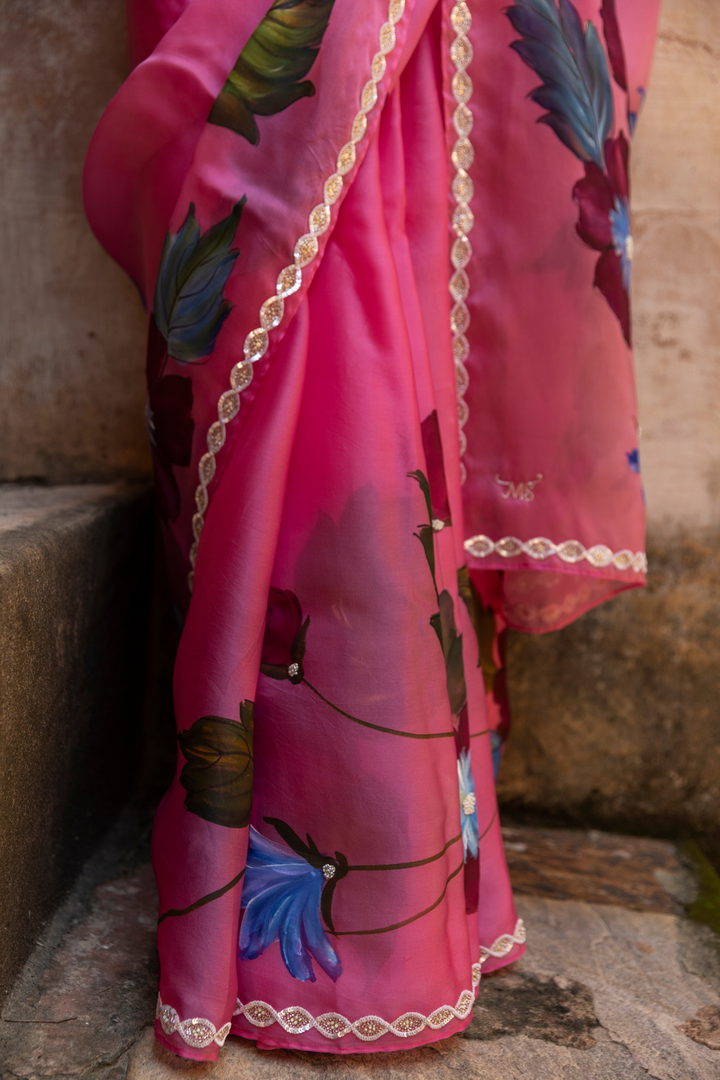 Handpainted Pure Organza Satin Saree Hand Embroidered With Pearl , Beads & Sequins Work