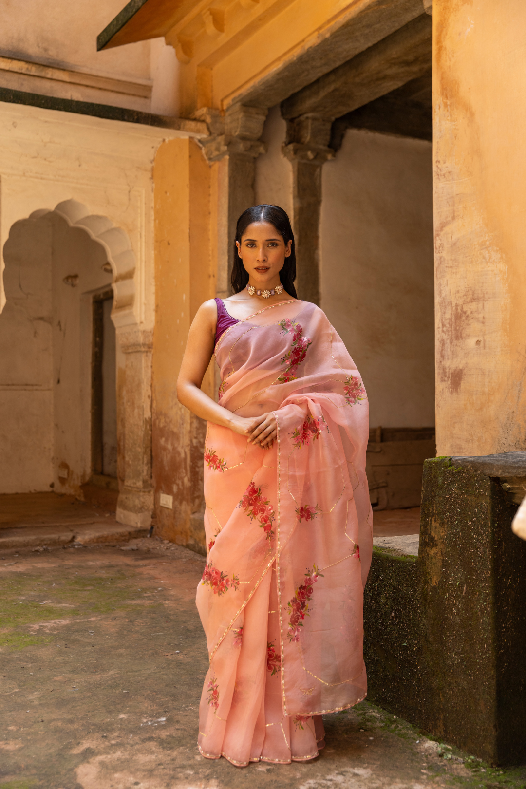 Handpainted Pure Organza Silk Hand Embroidered saree With Sequins Pearl & Beads Work