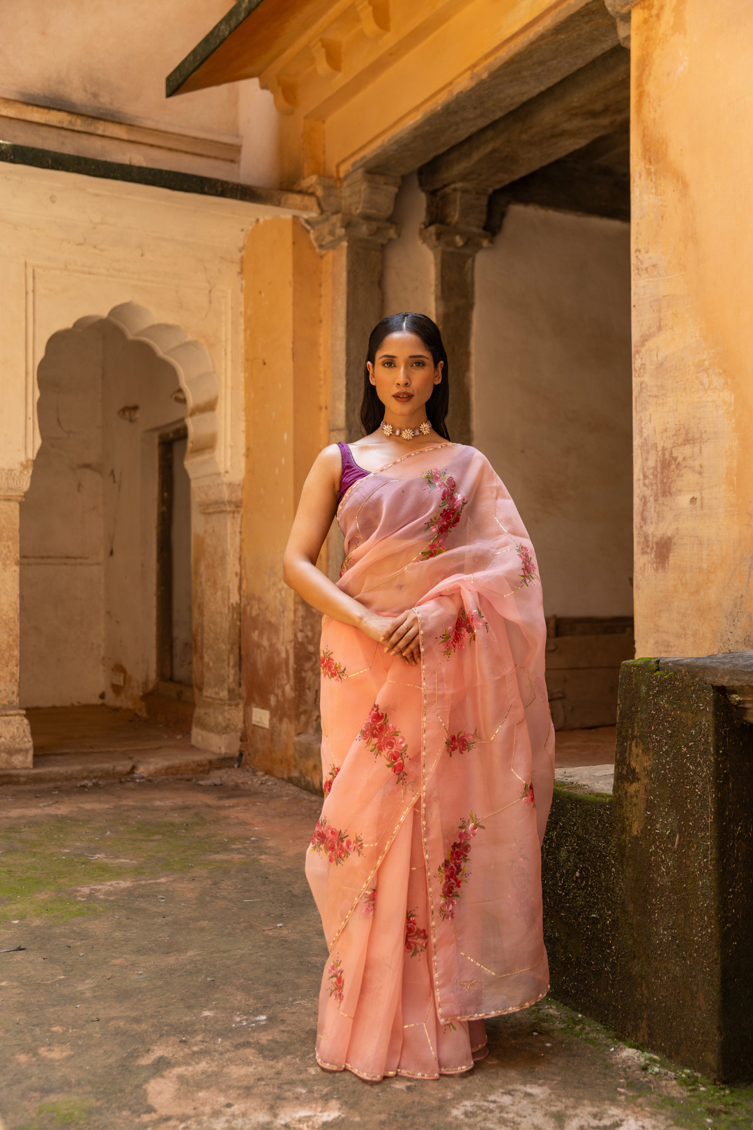 Handpainted Pure Organza Silk Hand Embroidered saree With Sequins Pearl & Beads Work