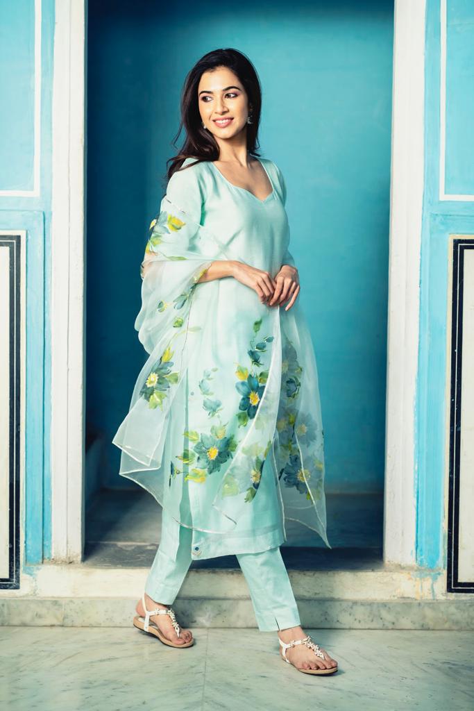Handpainted Turquoise Chanderi Kurta Fabric with Lycra Pants
