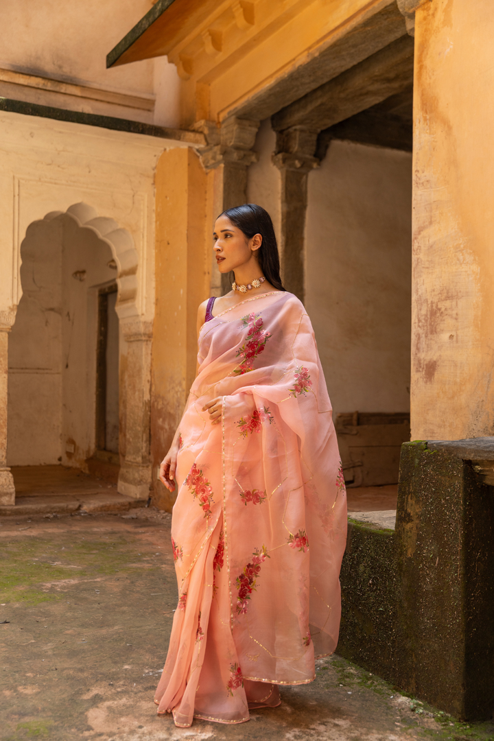 Handpainted Pure Organza Silk Hand Embroidered saree With Sequins Pearl & Beads Work