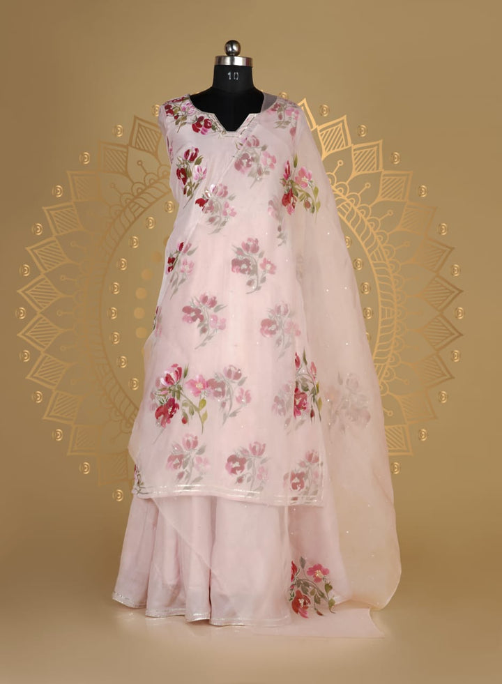Handpainted Pink silk kurta and lehanga