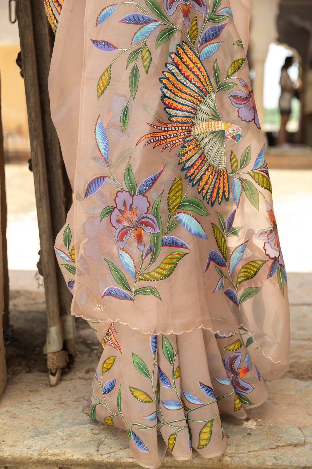 Handpainted pure organza silk saree hand embroidered with pearl beads work