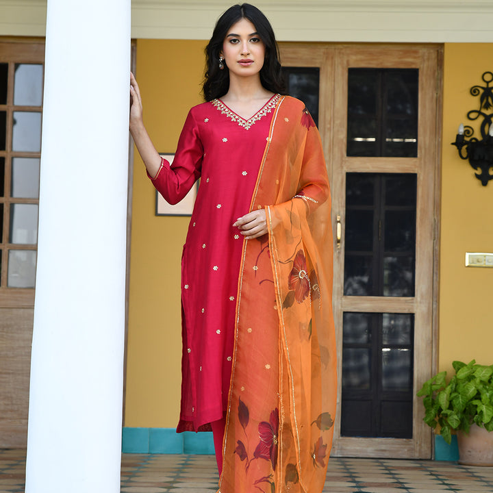 Red Suit with Orange Handpainted Dupatta