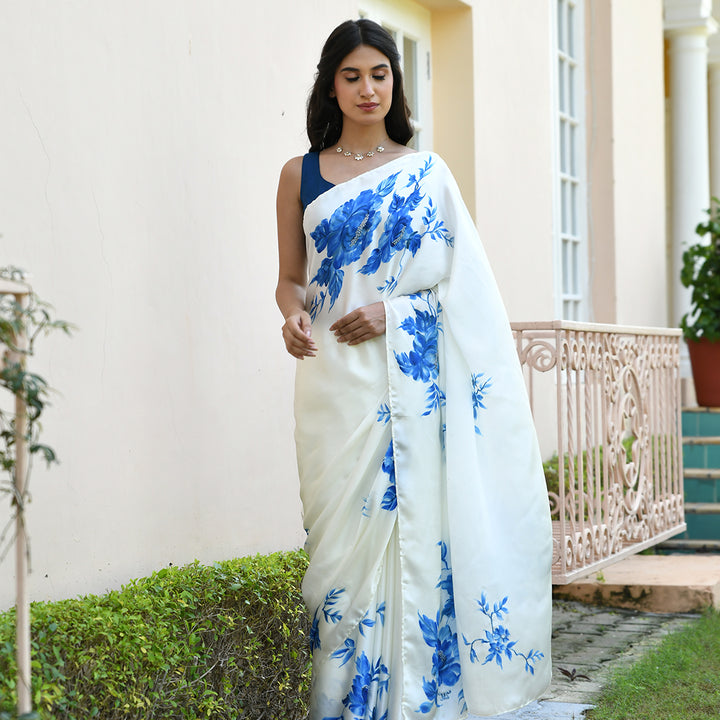 Handpainted White and Blue Saree